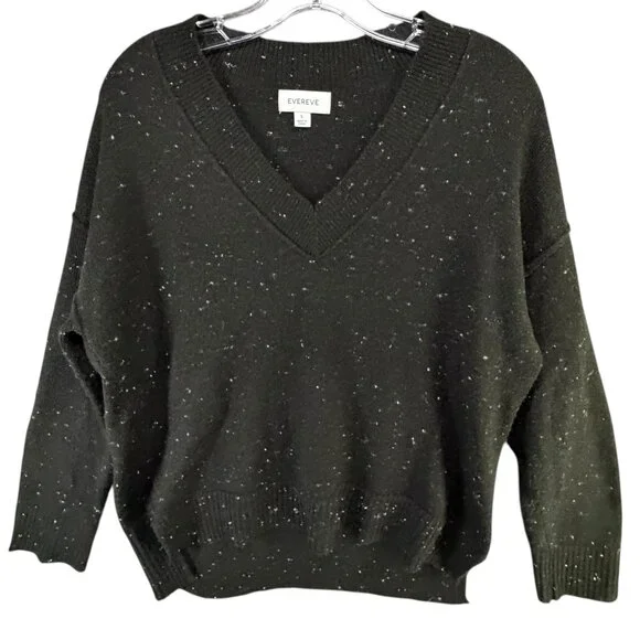 Evereve Harlow Knit Sweater S Black Speckled V Neck Drop Shoulder Pullover Cozy - Picture 2 of 12